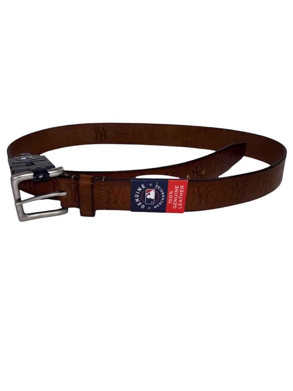 New York Yankees Belt Brown Leather Logo Embossed Size XL Officially Licensed